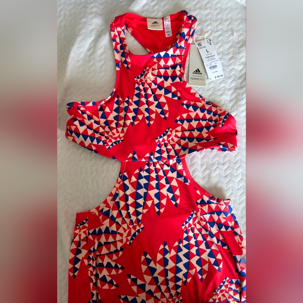 Adidas And Farm Rio Red Geometric Cutout Dress NWT - Picture 4 of 6